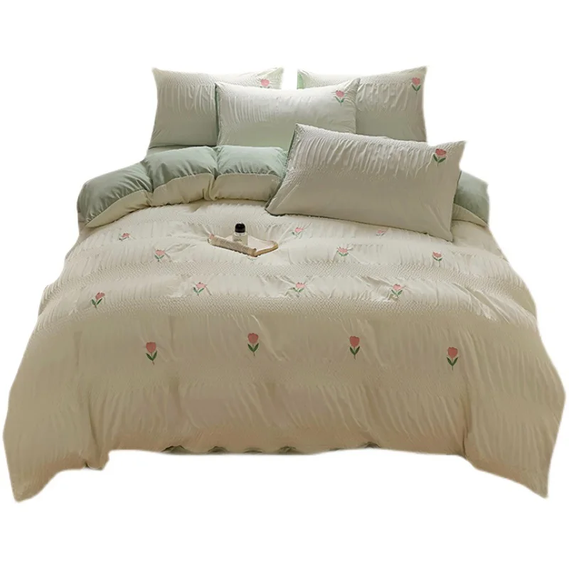 

seersucker washed cotton four-piece set bedding new princess wind naked sleeping sheets quilt cover three-piece set