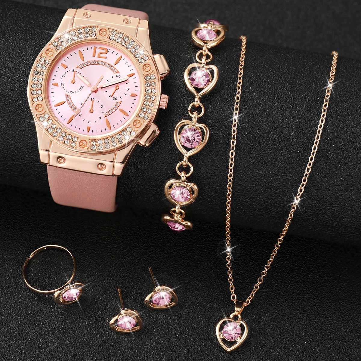 6PCS/Set Fashion Rhinestone Women\'s Watch Leather Band Analog Quartz Watches Heart Jewelry Set(Without Box)