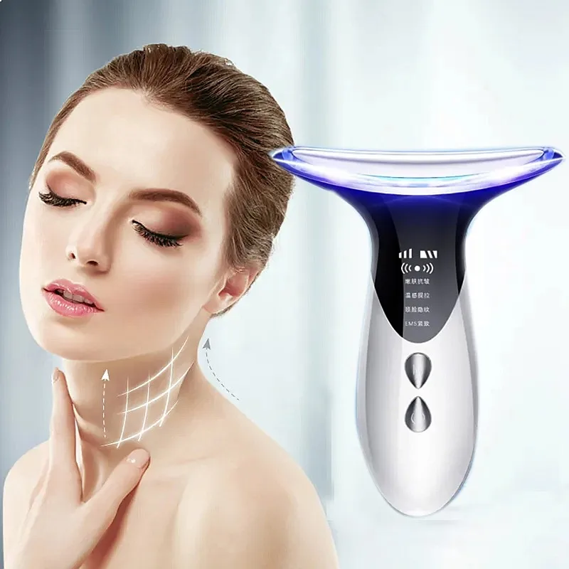 EMS High Frequency Portable Facial Neck Lift Massager 3-Color LED Lights USB Heating  Technology Skin Rejuvenation Whitening