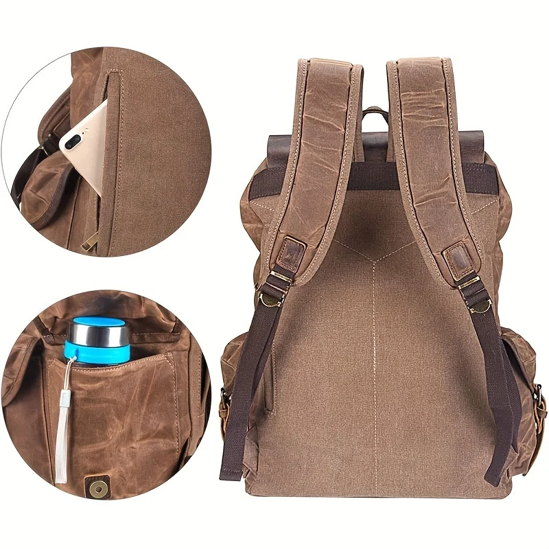 Vintage Men'S Leather Backpack, Waxed Canvas Shoulder Bag for Travel, Casual Laptop Bag, Suitable for Both And . view 5
