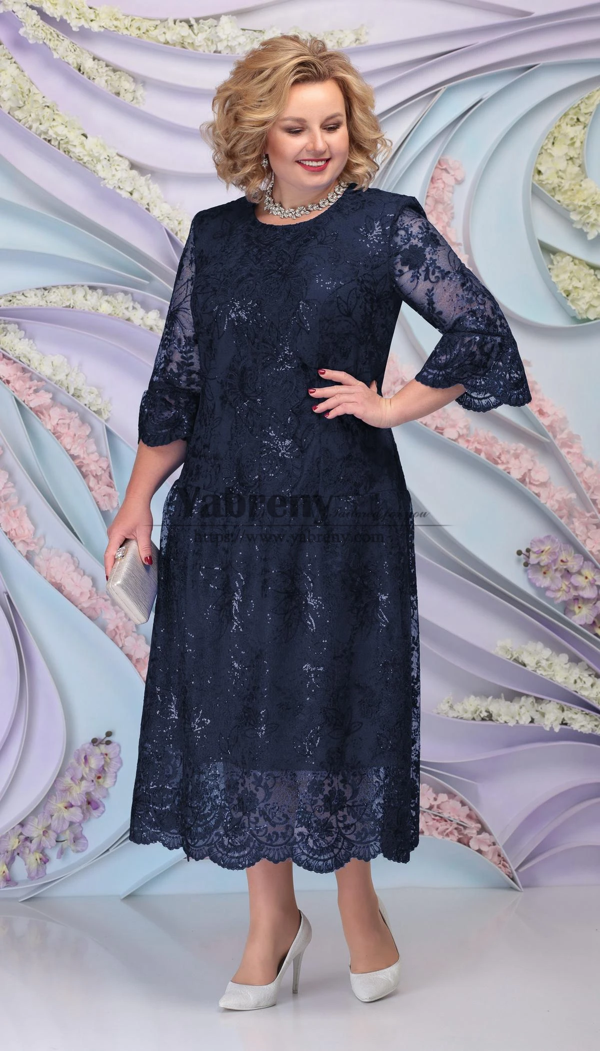 Dark Navy Lace Mid-Calf Mother Of the Bride Dress, Plus Size Women's Dresses