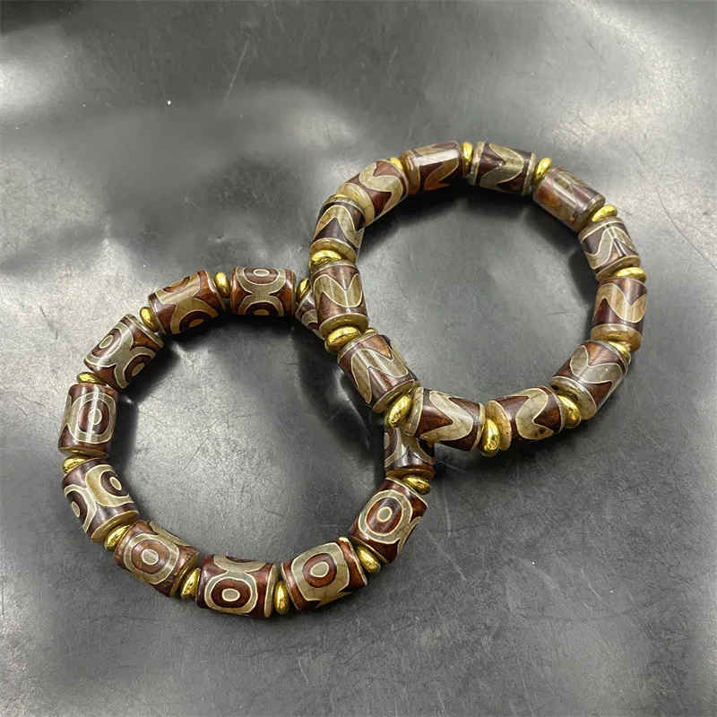 Distressed Three-Eyed Dzi Tiger Tooth Old Agate Cylinder Bead Bracelet