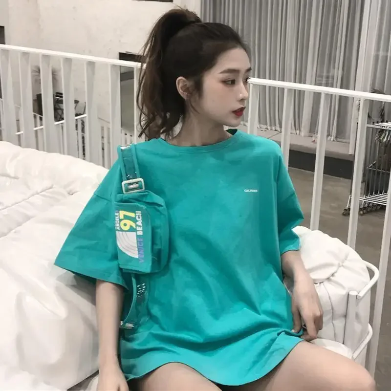 Top Female Baggy Women's T-shirt Purple Short Sleeve Cotton Clothing Trending Korean Style Aesthetic with Sleeves Streetwear Emo