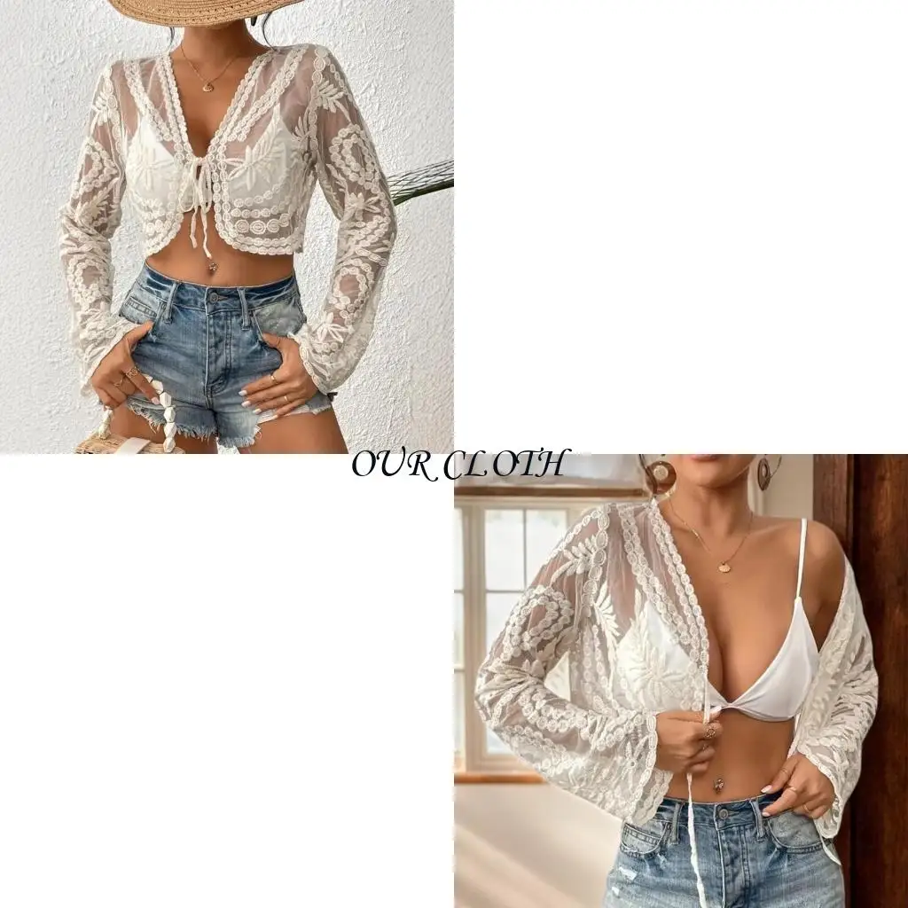 Women Beach Coverup Crop Top Long Sleeve Bathing Suit Coverup Shirt with Adjustable Front Tie Beach Swimsuit Coverup Y1AC