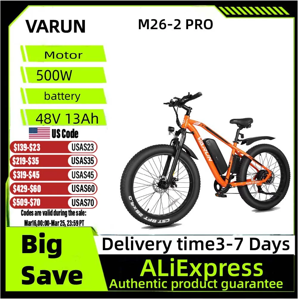 

VARUN M26-2 PRO Adult Electric Bicycle, 500W Motor Electric bike, 48V 13AH Battery City E-bike, 26 Inch Fat Tire E-Mountain bike