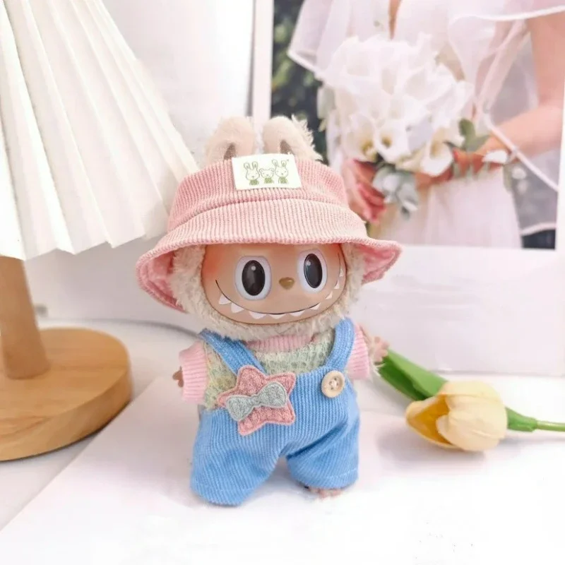 

Hot Selling Doll Set Accessories Powder Hat+rainbow Knitted Top+suspender Pants Sweet Set Dress Set Clothing for Labubu