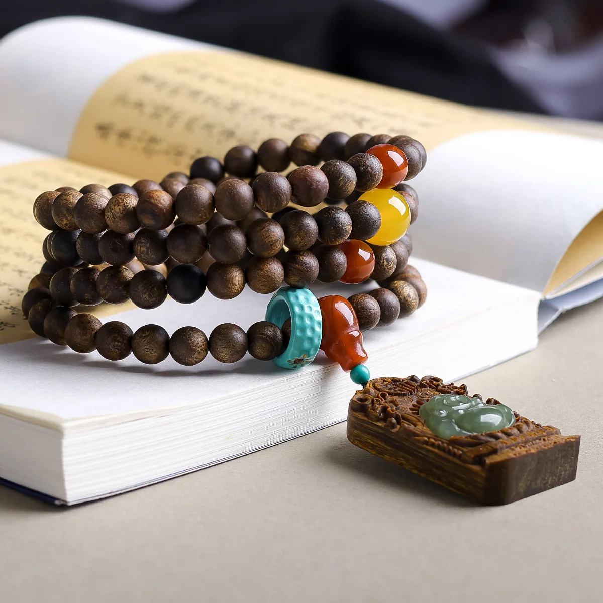 Fusen red clay agalwood inlaid with natural Hotan Jade Buddha inscriptions, playa beads necklace made of magnesite and turquoise