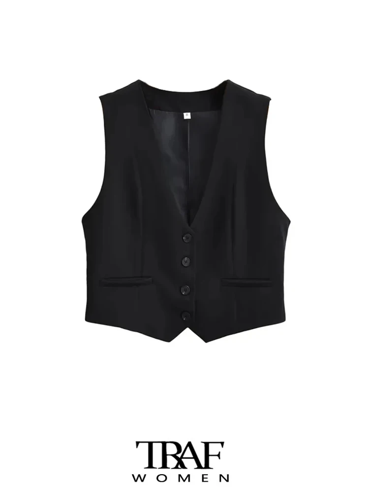 TRAF Women Fashion Front Buttons Cropped Waistcoat Vintage V Neck Sleeveless Female Outerwear Chic Tops