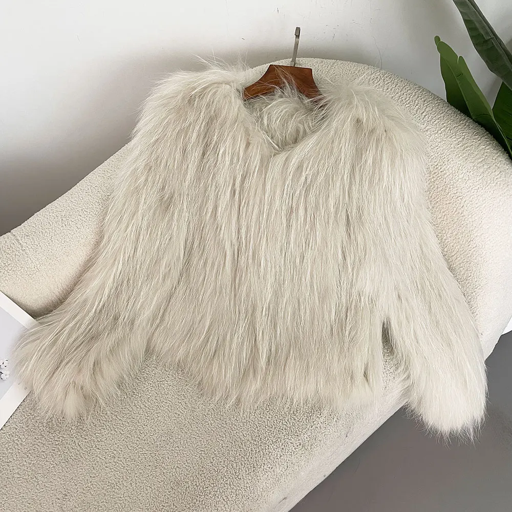 OFTBUY Winter Echte Wasbeer Bontjas Vrouwen Dubbelzijdig Gebreide Dikker Natuurlijke Bont Jas Lange Mouw V-hals Winterjas vrouwen