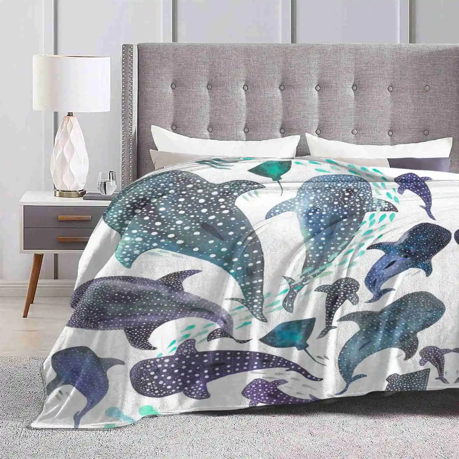 Whale Shark , Ray & Sea Creature Play Print Blanket Soft Warm Travel Portable Blanket Watercolor Whale Shark Stingray Jellyfish