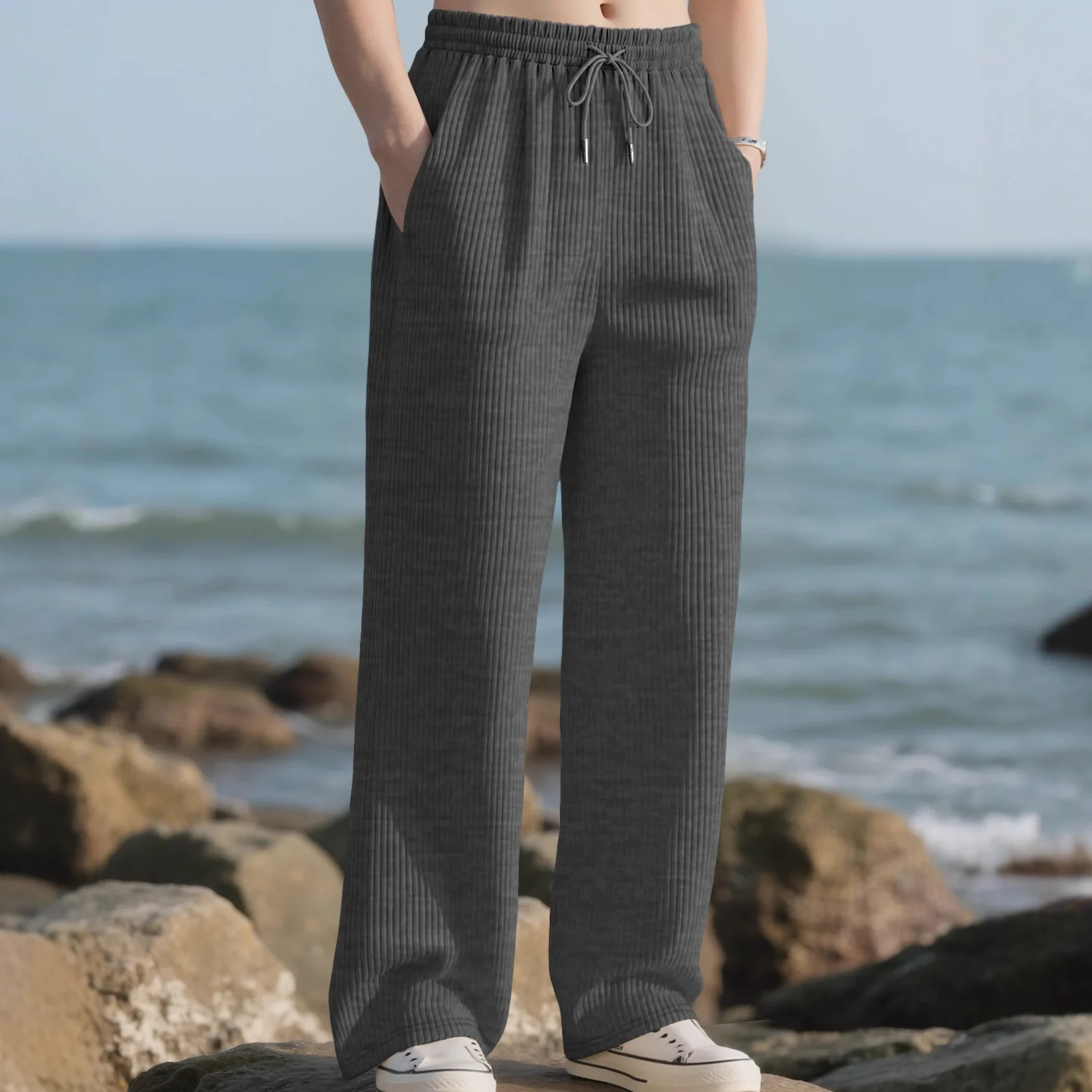 2025 Spring/Summer Men's Casual Loose-Fitting Straight Pants with Vertical Stripes, Mid-Waist, Wide Leg Pants for Men