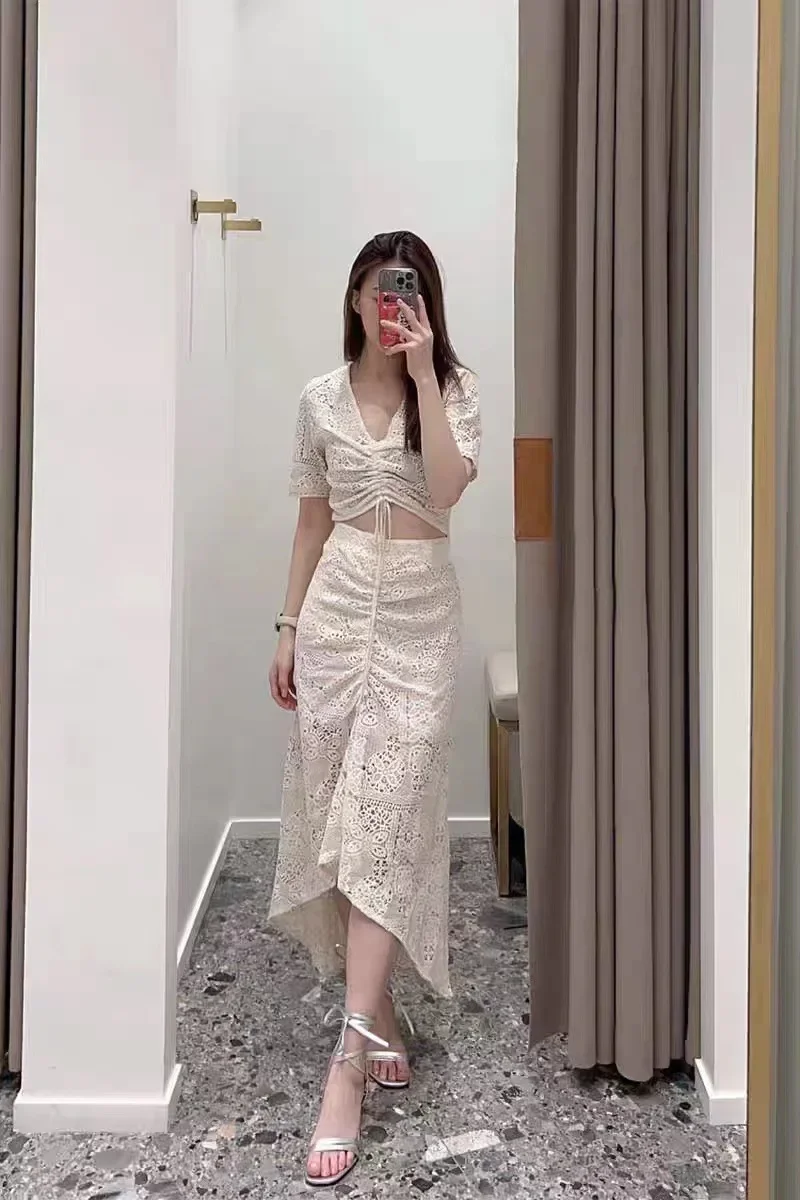 

Women Lace Hollow Out Midi Dress Drawstring V-Neck Short Sleeve Asymmetric Elegant Knitted Robe