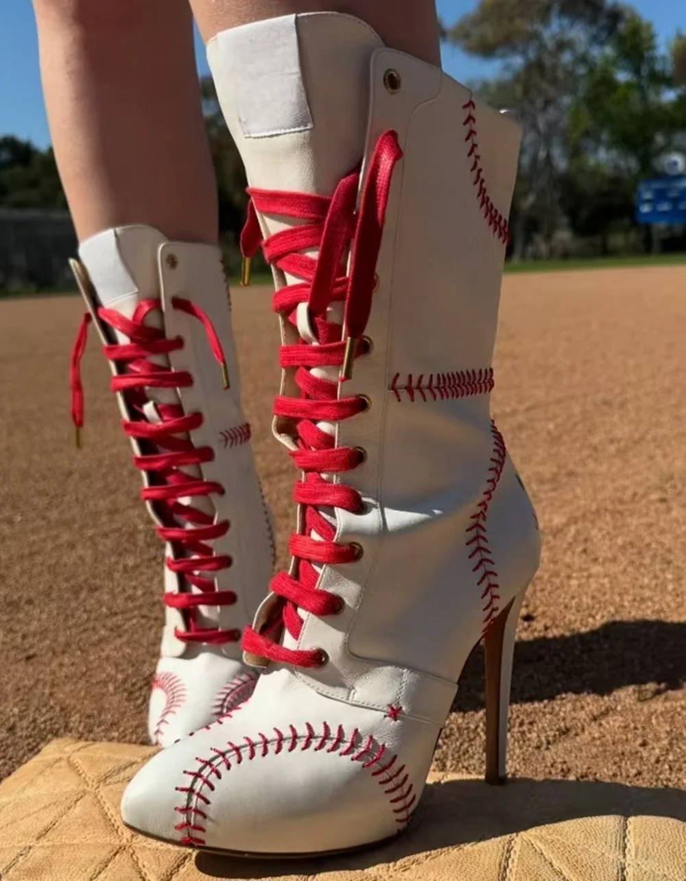 

White & Red Baseball-Themed Ankle Boots Stitched Detail Lace-Up Design Stiletto Heel Casual Sporty Style Pointed-Toe Boots