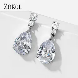 ZAKOL White Water Drop Cubic Zirconia Dangle Earings for Women Bridal Wedding Jewelry