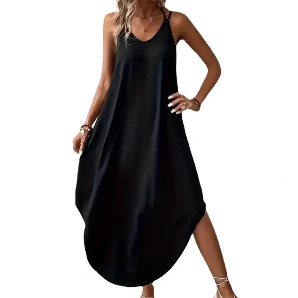 V-neck Long Dress Stylish V Neck Irregular Hem Midi Dress for Beach Parties Vacations Double Spaghetti Straps Backless Design