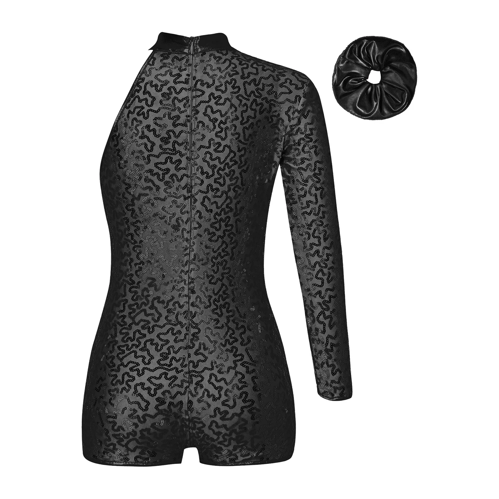 2 قطعة الفتيات الرقص الجمباز الزي غير المتماثلة طويلة الأكمام لامعة الترتر يوتار رباط شعر معدني ممارسة الرقص Custome #1