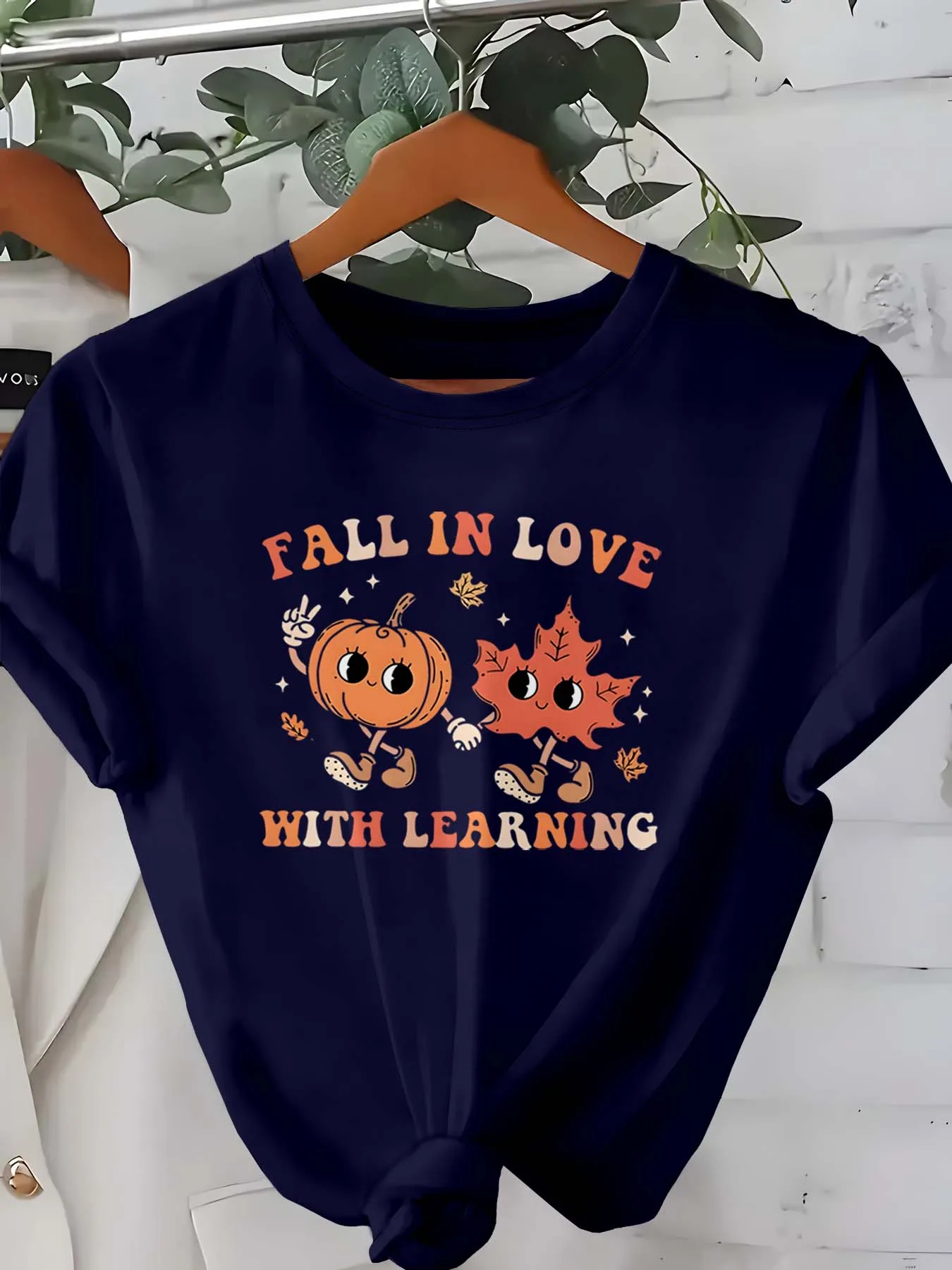 

Plus Size Autumn - Themed Apparel With Cute Pumpkin Leaf Characters And “Fall In Love With Learning” Slogan For Seasonal Charm