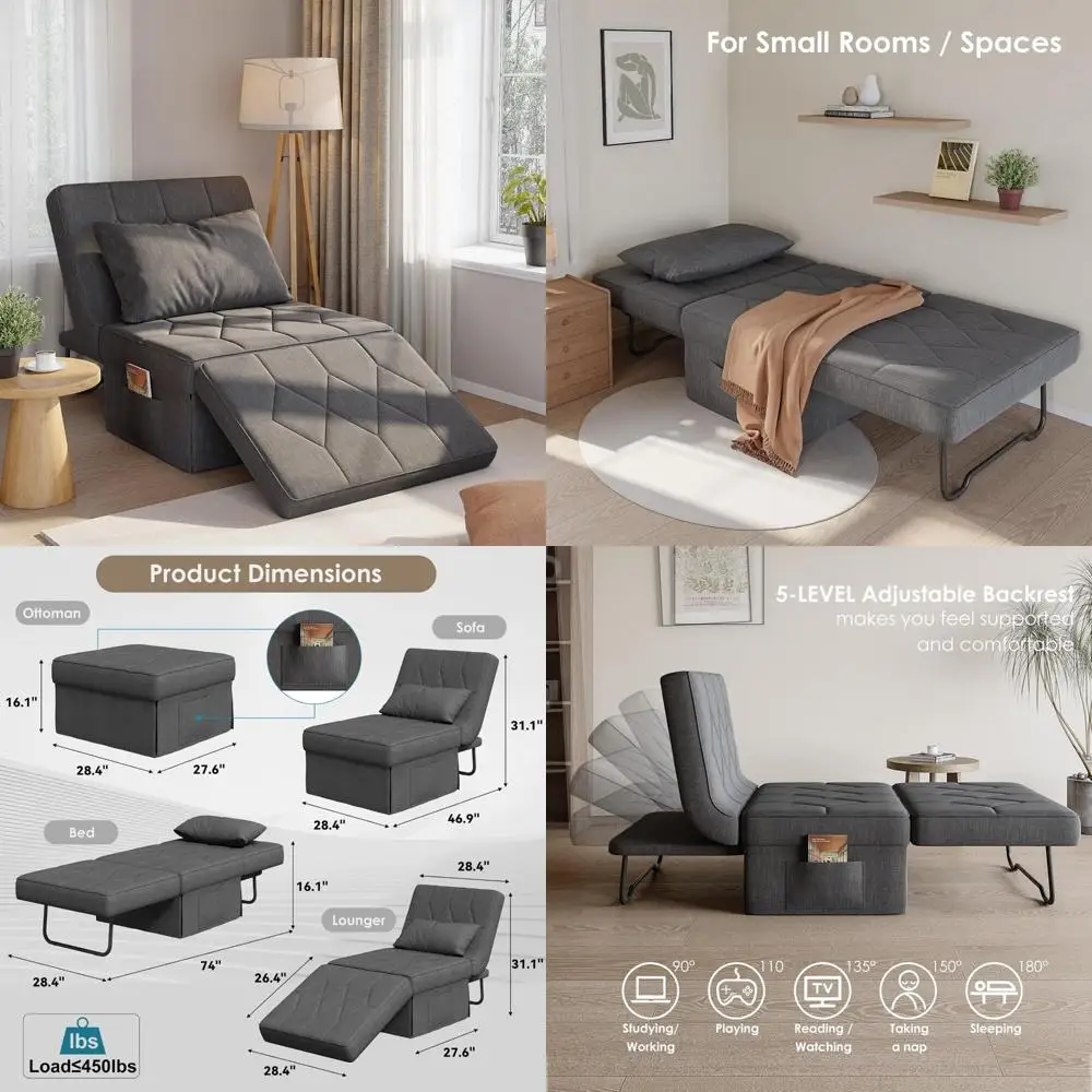 أريكة سرير قابلة للتحويل بمسند ظهر مكون من 5 مستويات قابلة للتعديل، كرسي نوم عثماني عريض 74 عميق × 28، سرير فوتون فردي حديث لـ C #1