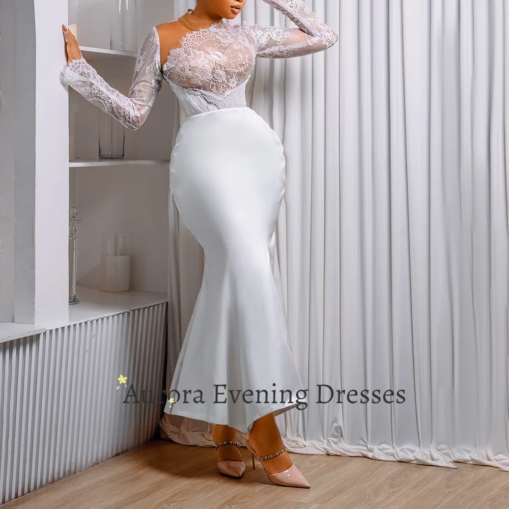 Aurora Elegant Mermaid Evening Dresses for Women Long Lace Sleeve Satin Midi Formal Party Gown 2026 Prom Dress