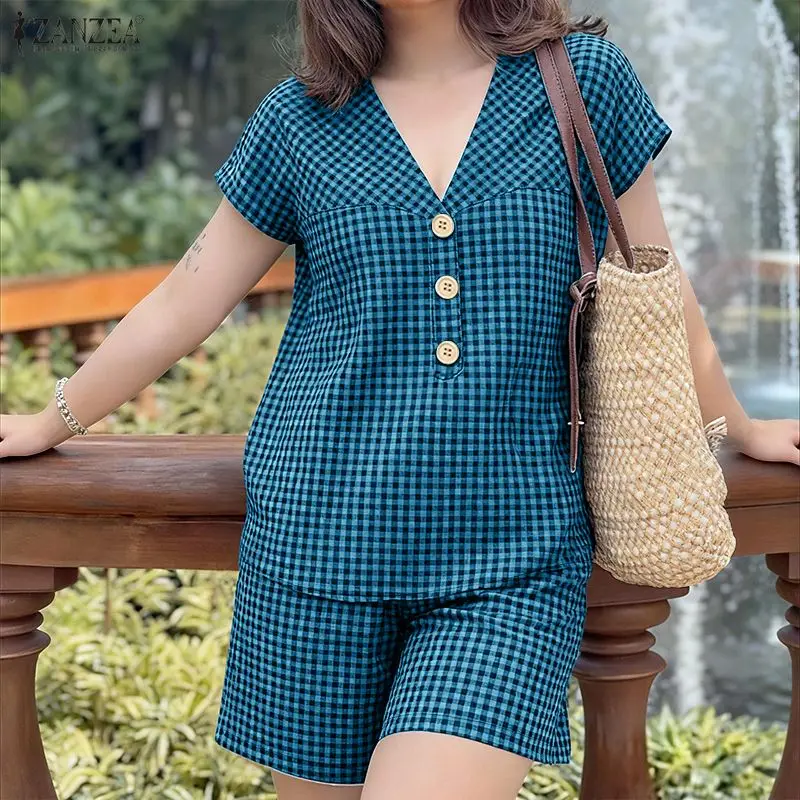 

2026 Fashion Summer 2 Pieces Sets ZANZEA Plaid Tracksuit Women V Neck Short Sleeve Blouse Short Sets Casual Holiday Work Outfits