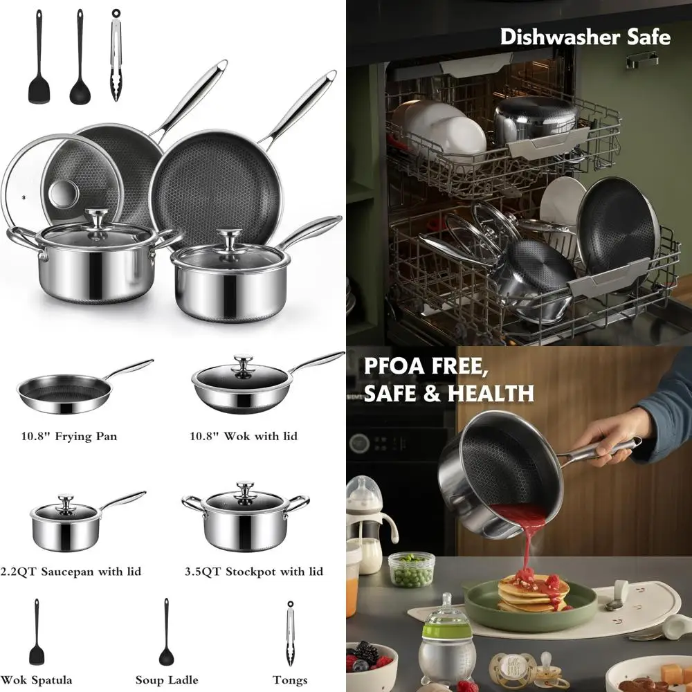 

10 pcs non stick pots and pans set with lids, hybrid stainless steel cookware set, skillet,stock pot,frying pan,kitchen cooking