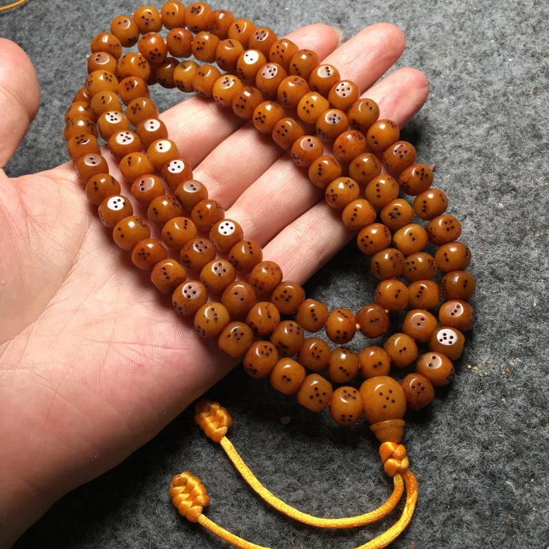 Tibetan Yak Bone Square Dice-Shaped Round Polished 108 Barrel Buddha Bead Bracelet