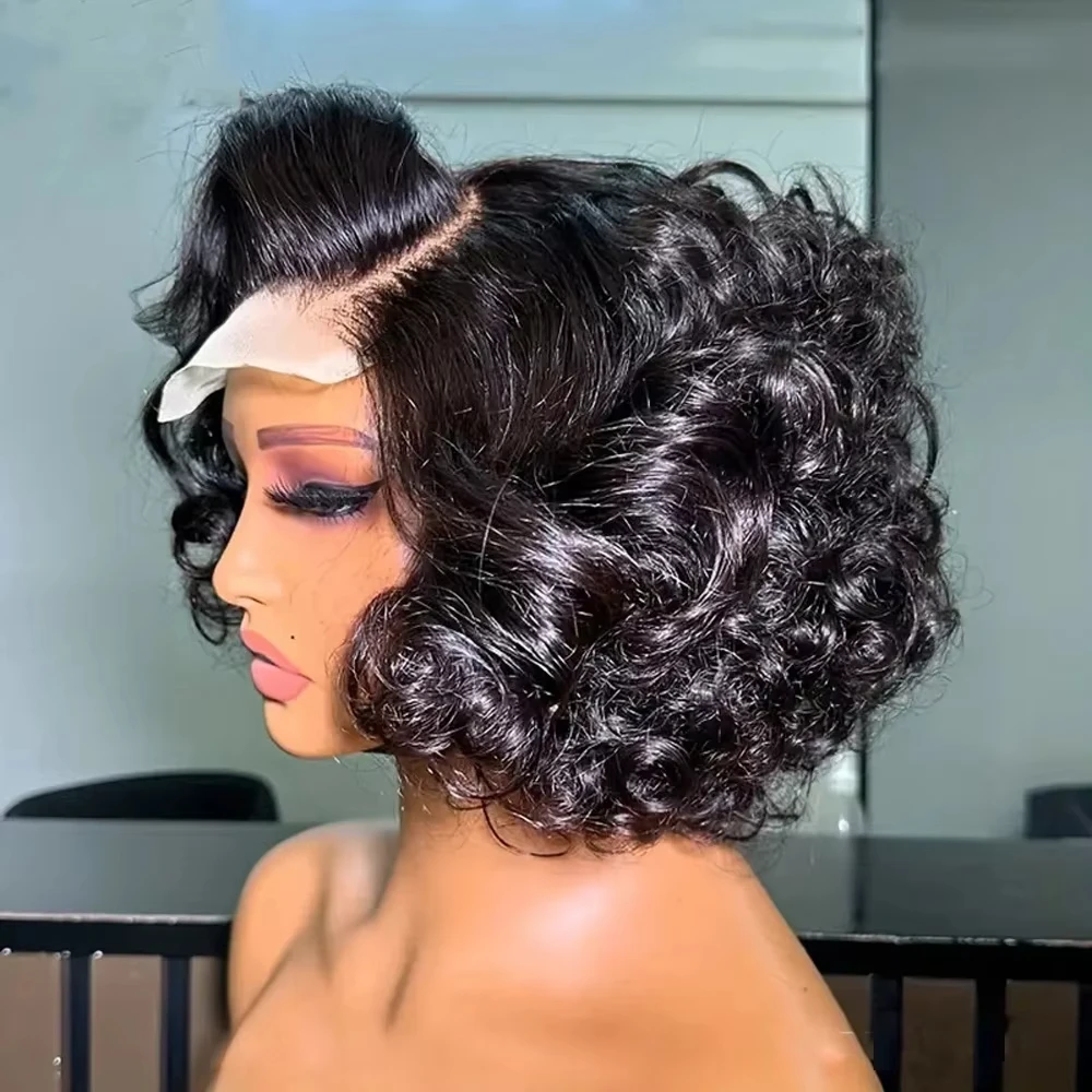 شعر مستعار فضفاض مموج بوب شعر بشري 13x4 باروكات أمامية من الدانتيل الشفاف 230% كثافة شعر ريمي عذراء شعر مستعار بوب مقطّع مسبقًا للنساء