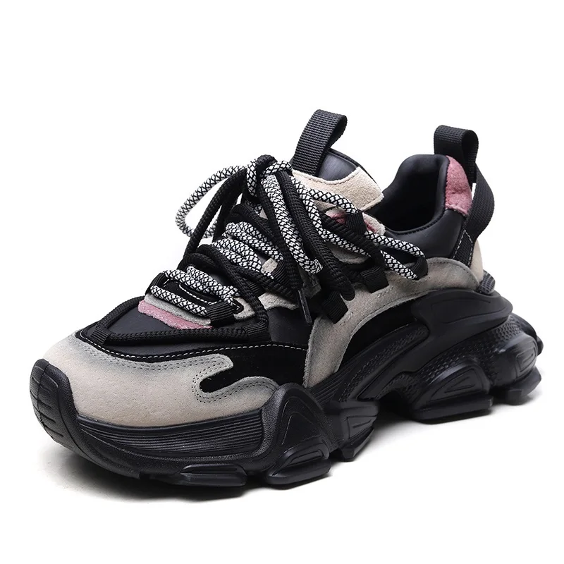 DRKANOL 2026 Fashion Women Casual Sneakers Mixed Colors Genuine Cow Leather Lace-Up Dad Shoes Thick Sole Chunky Platform Shoes