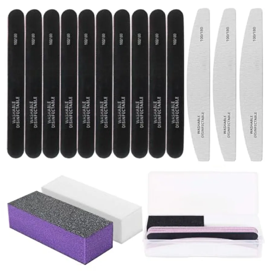 

15PCS Nail Files and Buffer with Storage Box, Professional Manicure Pedicure Kit White Buffer Block Reusable 100/180 Grit Nail