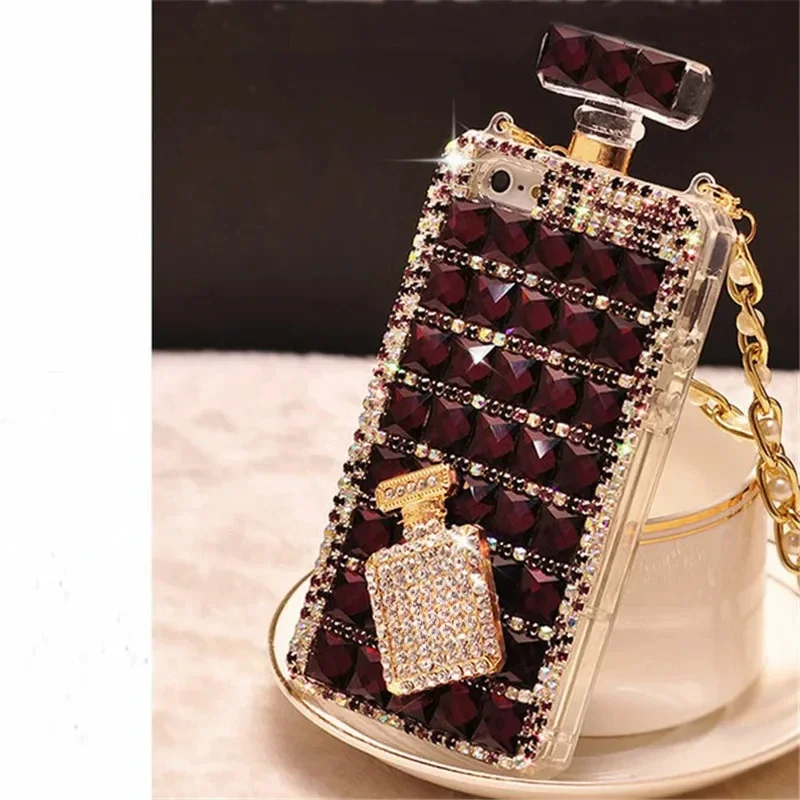 Fashion Bling Crystal Diamond Perfume Bottle Chain Handbag Cover For iPhone 15 14 13 12 16 Pro X XS MAX XR Plus Phone Case