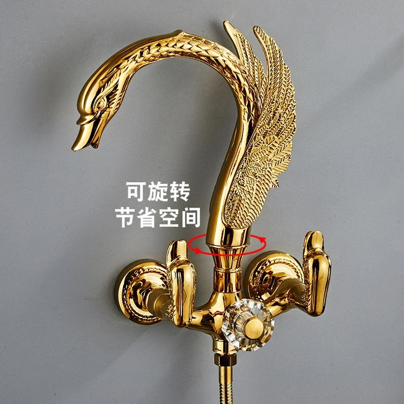 Creative art swan bathtub edge faucet with hot and cold mixing valve rotating all copper bathtub faucet and shower showerhead