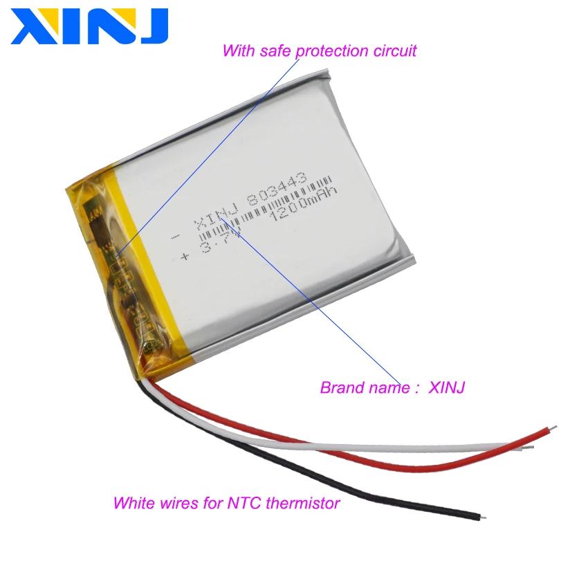 Batteria al litio Li a 3 fili con termistore ricaricabile ai polimeri di litio NTC da 3,7 V 1200 mAh 4,44 Wh 803443   Per la fotocamera DashCam del lettore musicale GPS