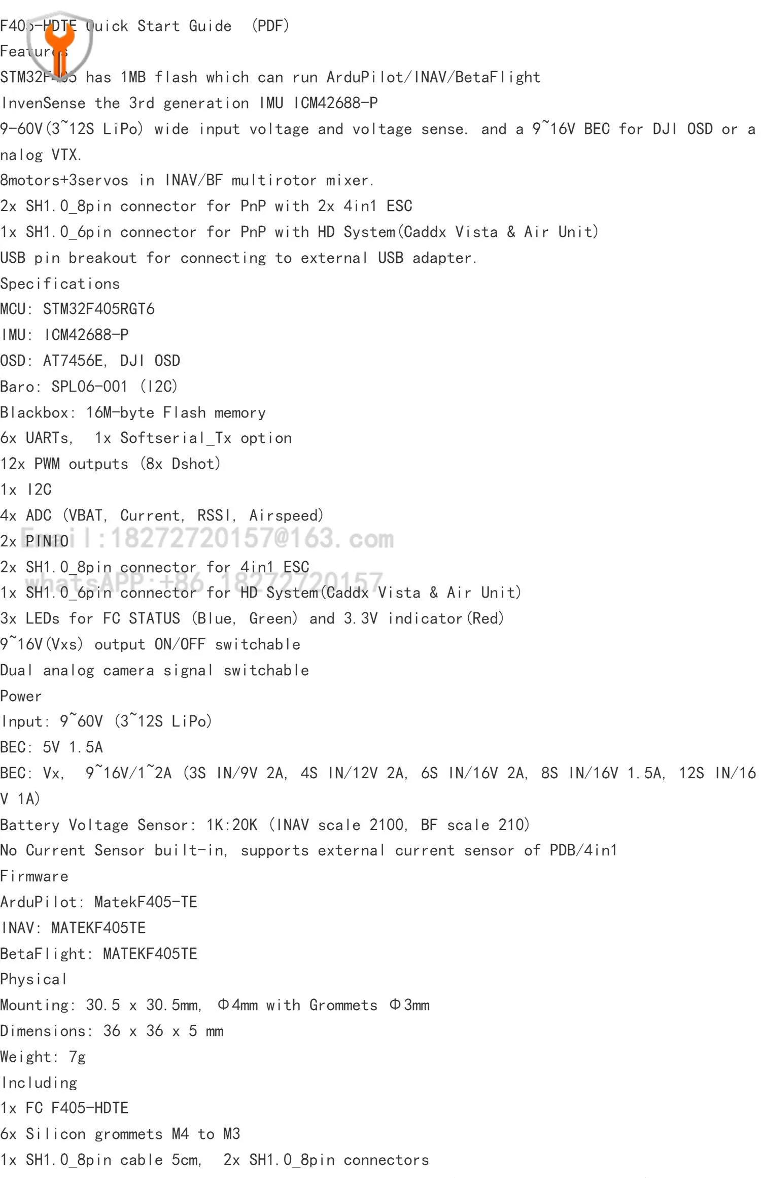 وحدة تحكم في الطيران البلاستيكية F405-HDTE للطائرات بدون طيار FPV مع STM32F405/ICM42688-P/12S LiPo/BetaFlight/ArduPilot