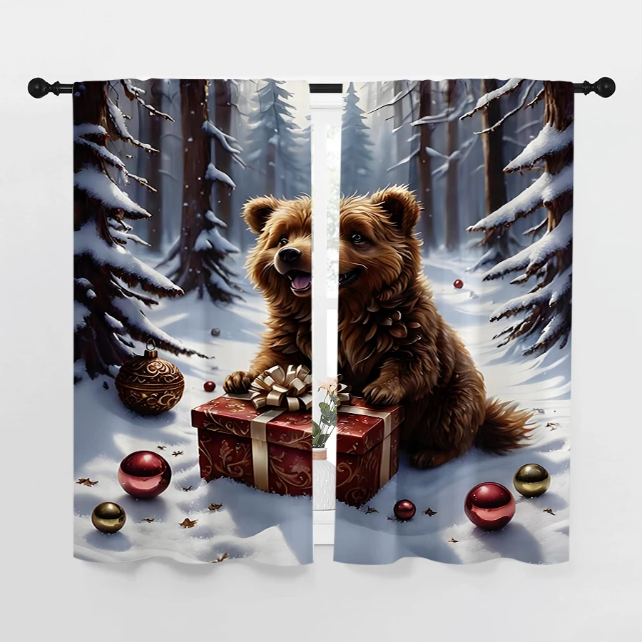 2PCS Christmas Winter Curtains, Brown Bear Gift, Digital Print, Bedroom Living Room, Rod Pocket, Polyester, Home Decor