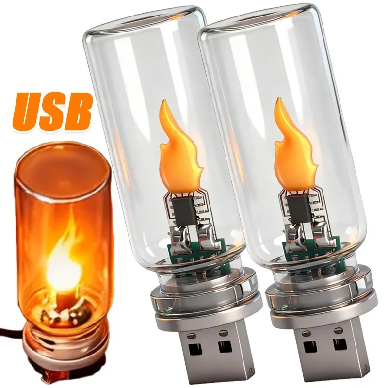 USB Flame Flickering LED Frosted Clear Glass Candle Night Light Simulated Flame For Car Home Room Laptop PC Festival Decoration