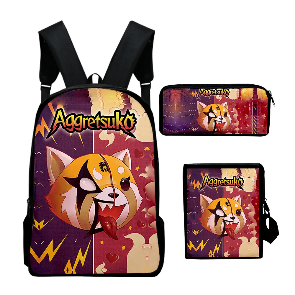 Aggretsuko-Mochila clásica con estampado 3D de Anime, bolso escolar para pupilas, mochila para portátil, bolso de hombro inclinado, estuche para lápices, 3 unidades por juego