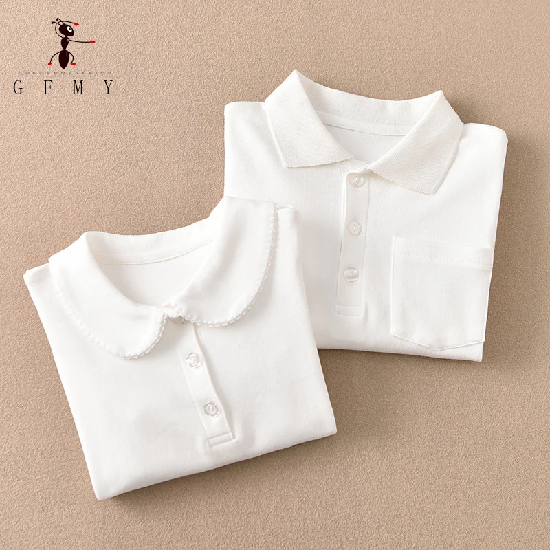 الأطفال قميص بولو كم طويل 100% القطن قميص الصلبة صبي الفتيات لفة الرقبة تي شيرت أبيض للمدرسة 2T-16T اليابان نمط القمم