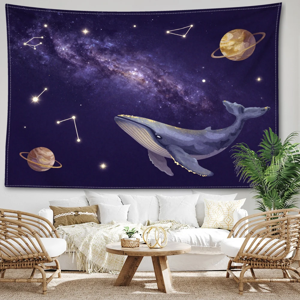 Deep Purple Galaxy Whale Constellation Ringed Planet Wall Tapestry, Cosmic Decor
