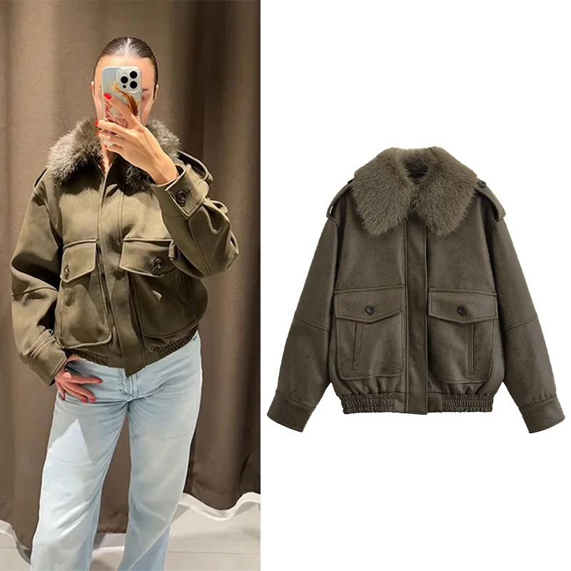 

Женская куртка из искусственной замши со съемным воротником и воротником с лацканами, осенняя мода, карман на молнии, с длинным рукавом, винтажные женские пальто, женские топы