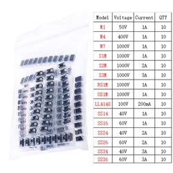 150pcs 15Value SMD Fast Switching Schottky Diode Assort Kit M1 M4 M7 S 1 S2M S SS14 SS16 SS24 SS26 SS34 SS36 RS 1 US 1