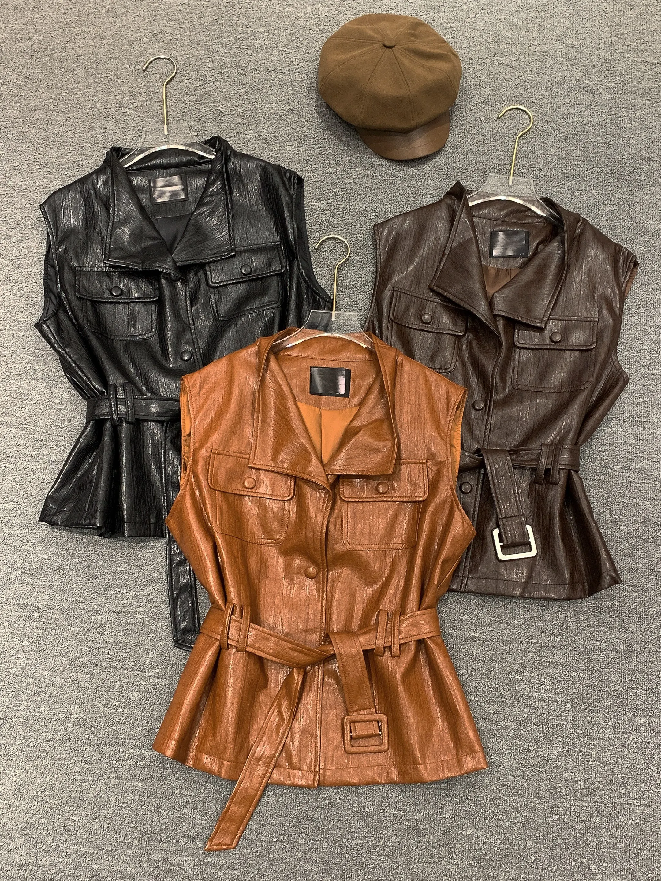 Women's Autumn Winter Pu Leather Sleeveless Vest Jacket With Belt Lady Streetwear Solid Color Single Breasted Faux Leather Vest
