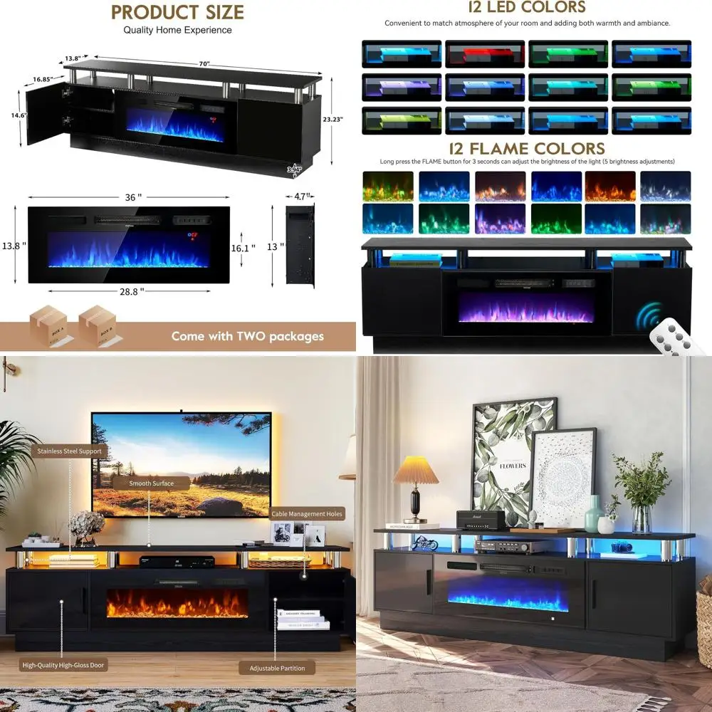 

Современная тумба под телевизор 80 дюймов, медиацентр для гостиной с хранением, электрический камин с 36 светодиодами, полностью черный