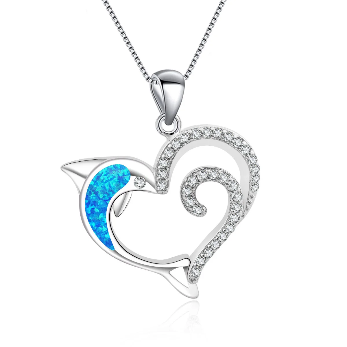 Dolphin Heart Necklace, Symbol of Love and Freedom, Silver Color Blue Synthetic Opal Pendant with CZ, Elegant Minimalist Gift