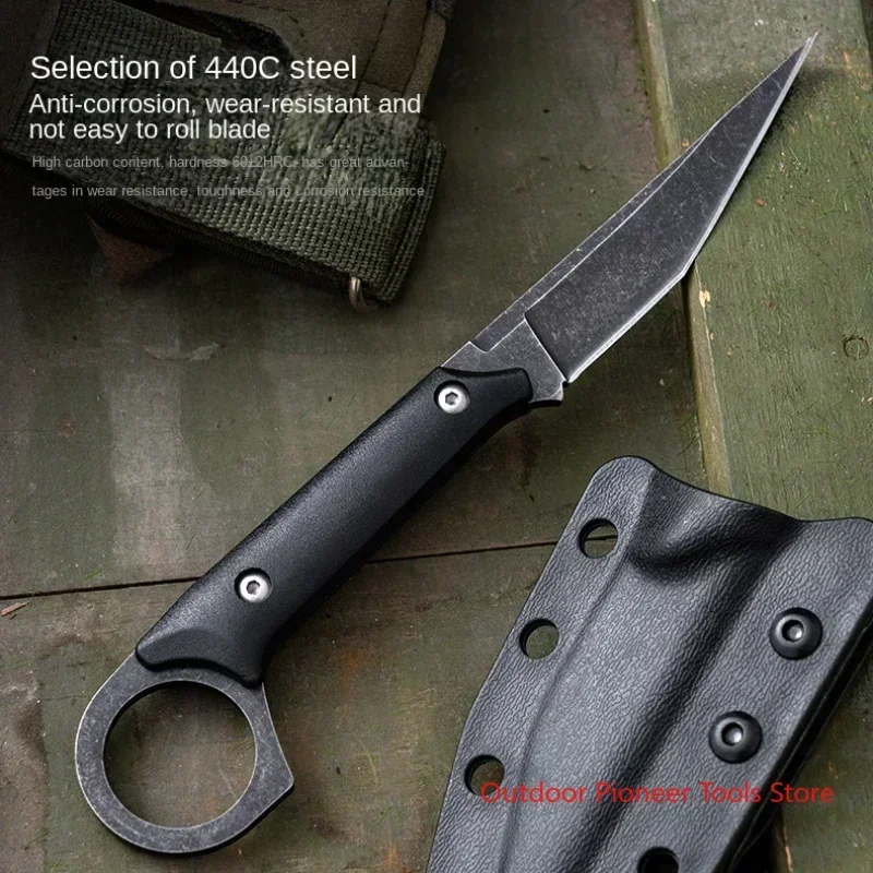 New 440C stainless steel EDC straight knife, outdoor K-sheathed self-defense survival knife, portable camping hunting knife