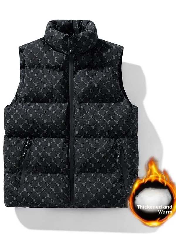 Unisex Loose Fit Stand Collar down Cotton Vest Autumn Winter Printed Sleeveless Jacket Youthful Vitality Style Thickened Warmth