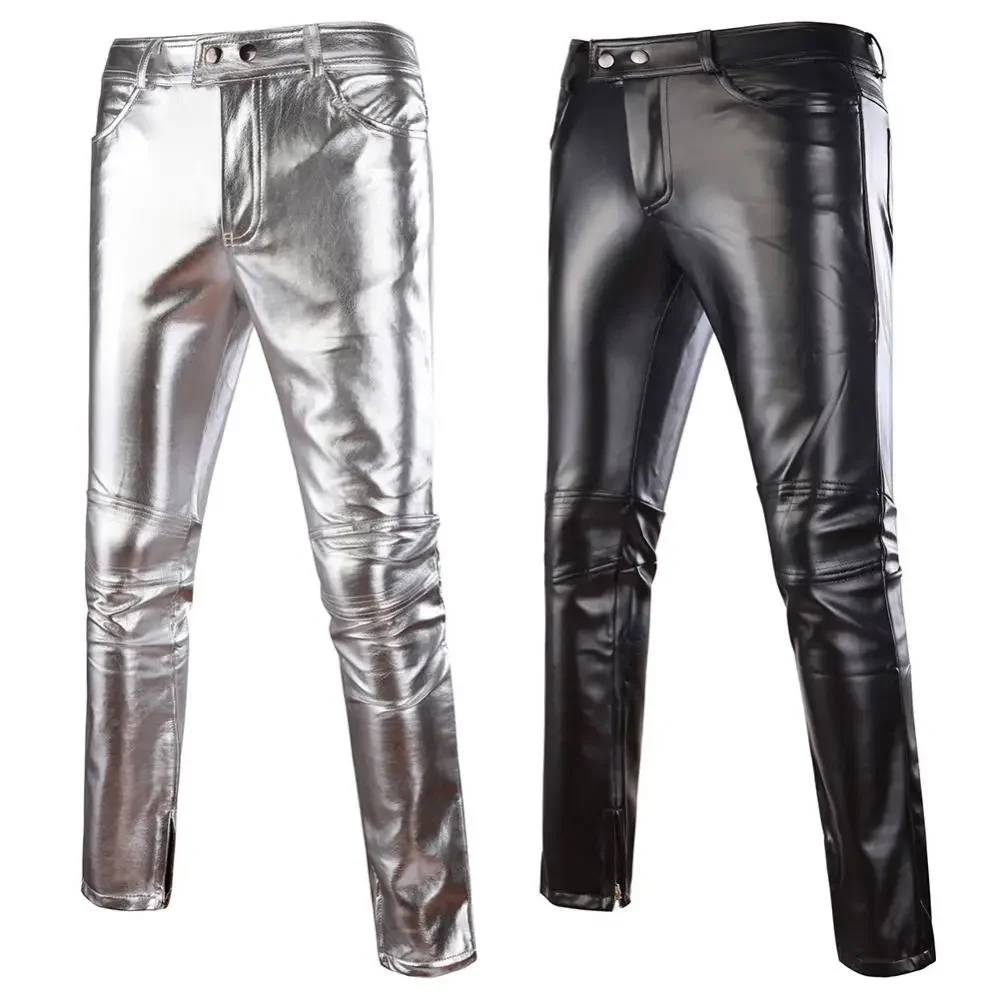 

Men Trouser Black Casual Trousers Pants Mens Skinny Shiny Gold Silver PU Leather Motorcycle Nightclub Stage for Singers Dancers