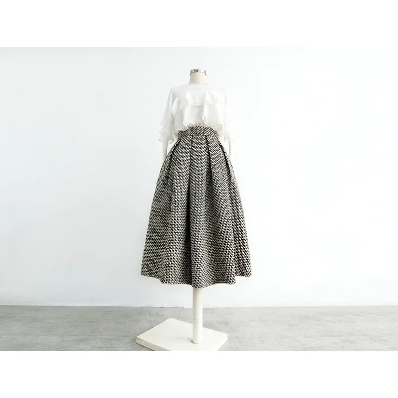 2025 nuova moda tweed con tasca gonna al ginocchio inverno donna vintage addensato a vita alta pieghe gonne a trapezio gonne