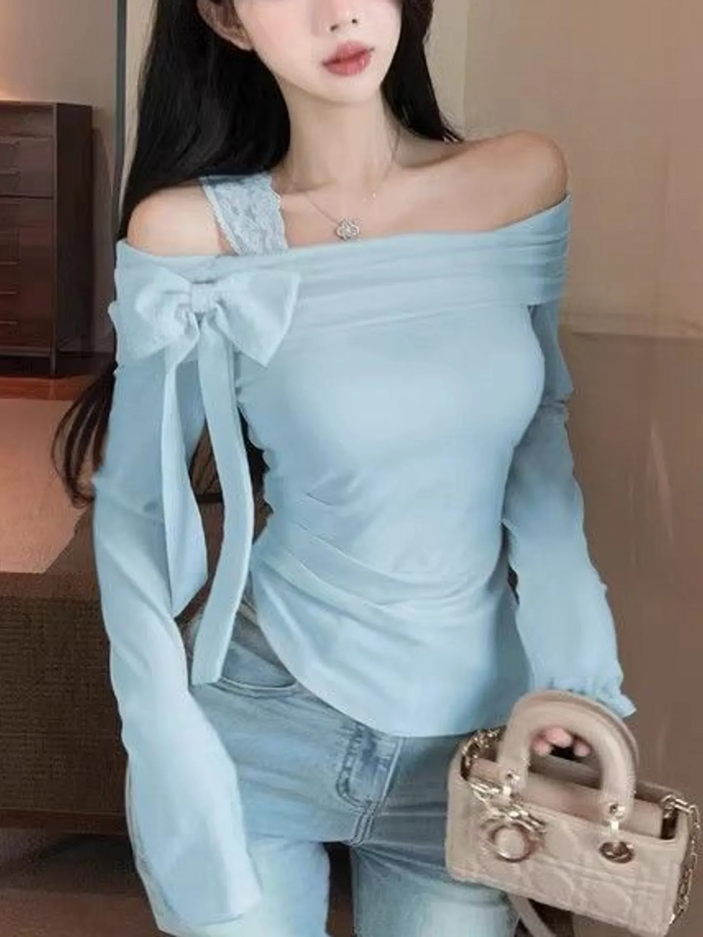 Spicy Girl Shoulder One-Shoulder Slim Long Sleeve T-Shirt Women's Design  Knot Short Top Base Shirt Korean Style