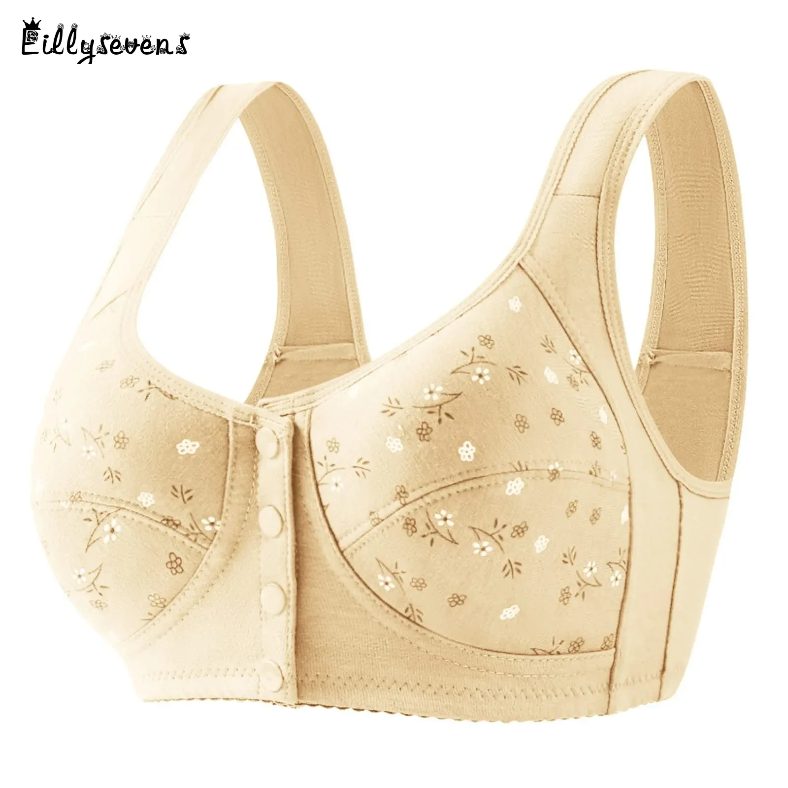 Women Large Size Bras Thread Cloth Cotton Front Button Without Steel Ring Bra Wide Shoulder Straps Comfortable Soft Printed Bra