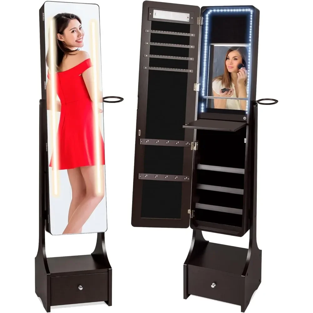 

Vertical full-length LED mirror cabinet, touch screen, pop-up shelf, velvet lining, 4 compartments, drawers